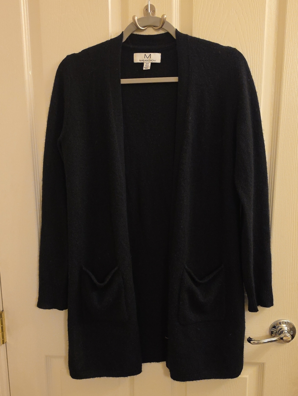 Magaschoni 100% Cashmere Black Open-Front Long Cardigan with Pockets